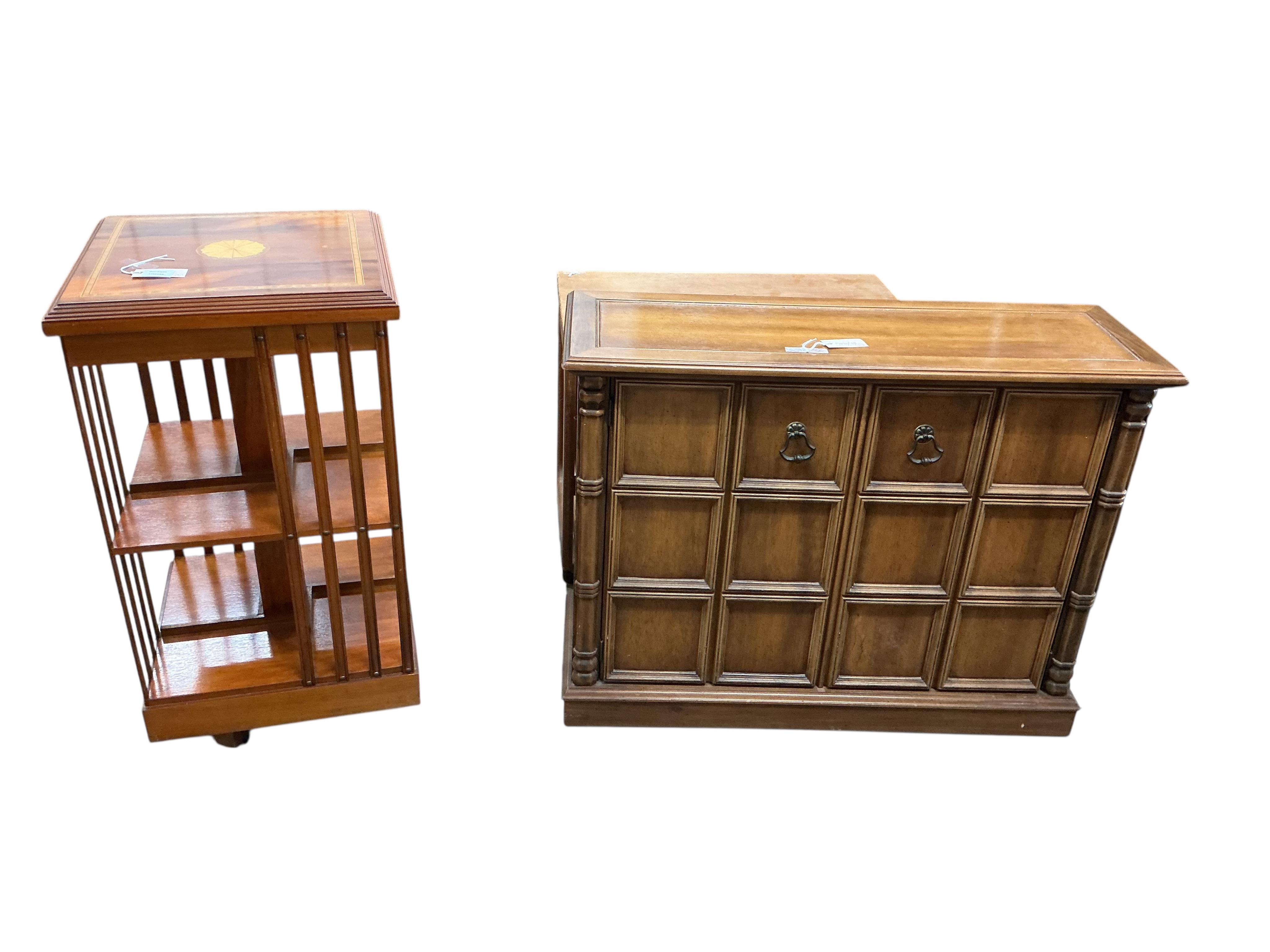 A reproduction square inlaid yew revolving bookcase, width 45cm, height 85cm, together with a reproduction Spanish style two door hardwood cabinet